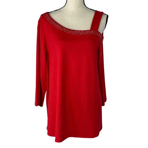 JM Collection 1X-Large Sweater Embellished Scoop Neck 3/4 Sleeve Cold-Shoulder - Picture 1 of 9